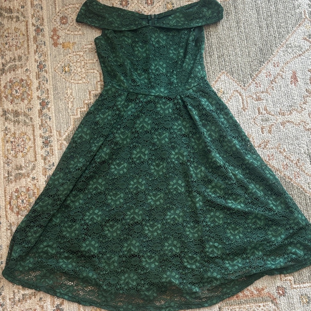 One-Shoulder Lace Fit & Flare Dress in Forest Green